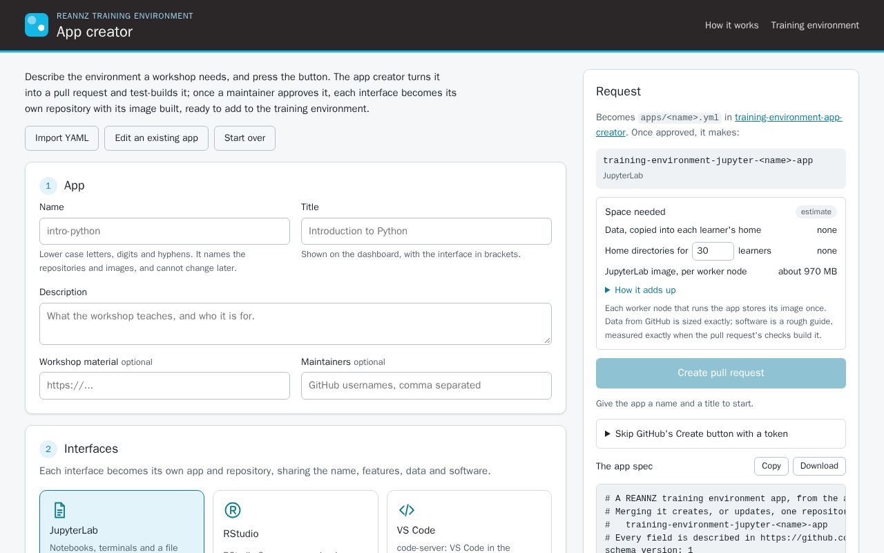 Preview of Training Environment App Creator Website