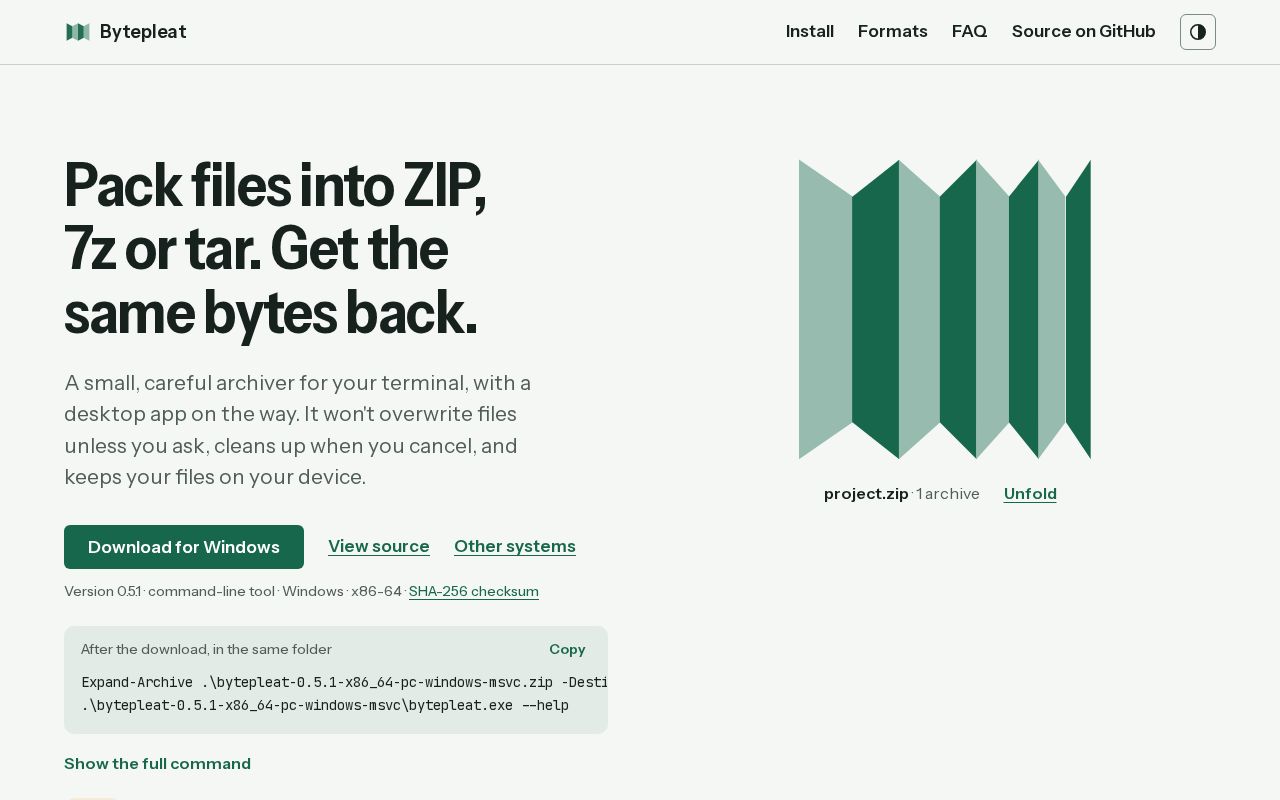 Preview of Bytepleat: a careful archiver for ZIP, 7z and tar, on the command line