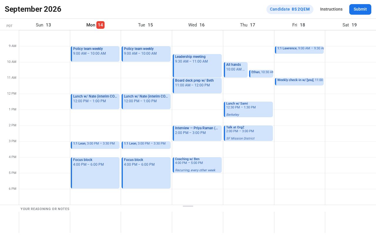 Preview of Google Calendar-style mock for scheduling work tests