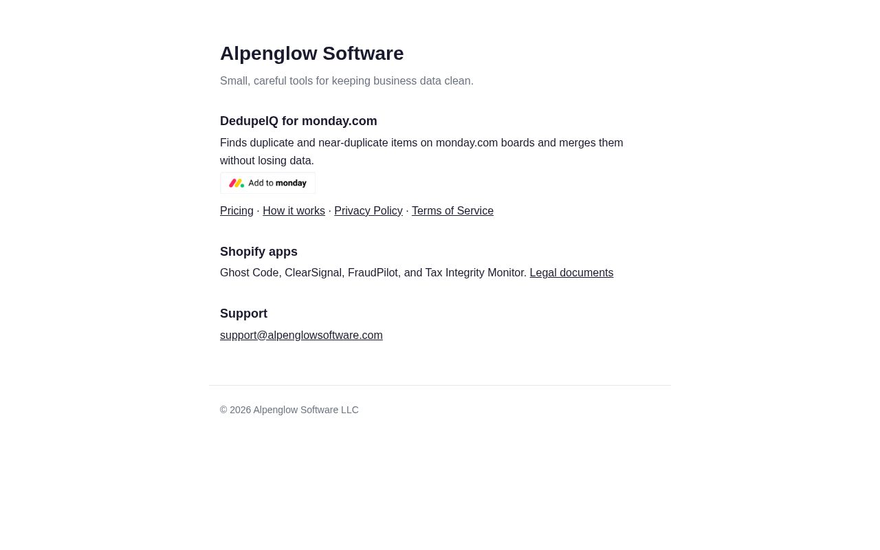 Preview of Alpenglow Software: apps for Shopify and monday.com