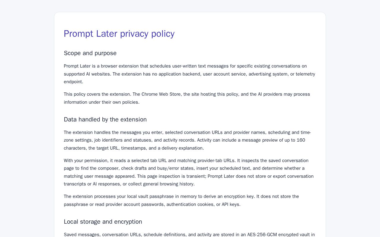 Preview of Public privacy policy and support information for Prompt Later.