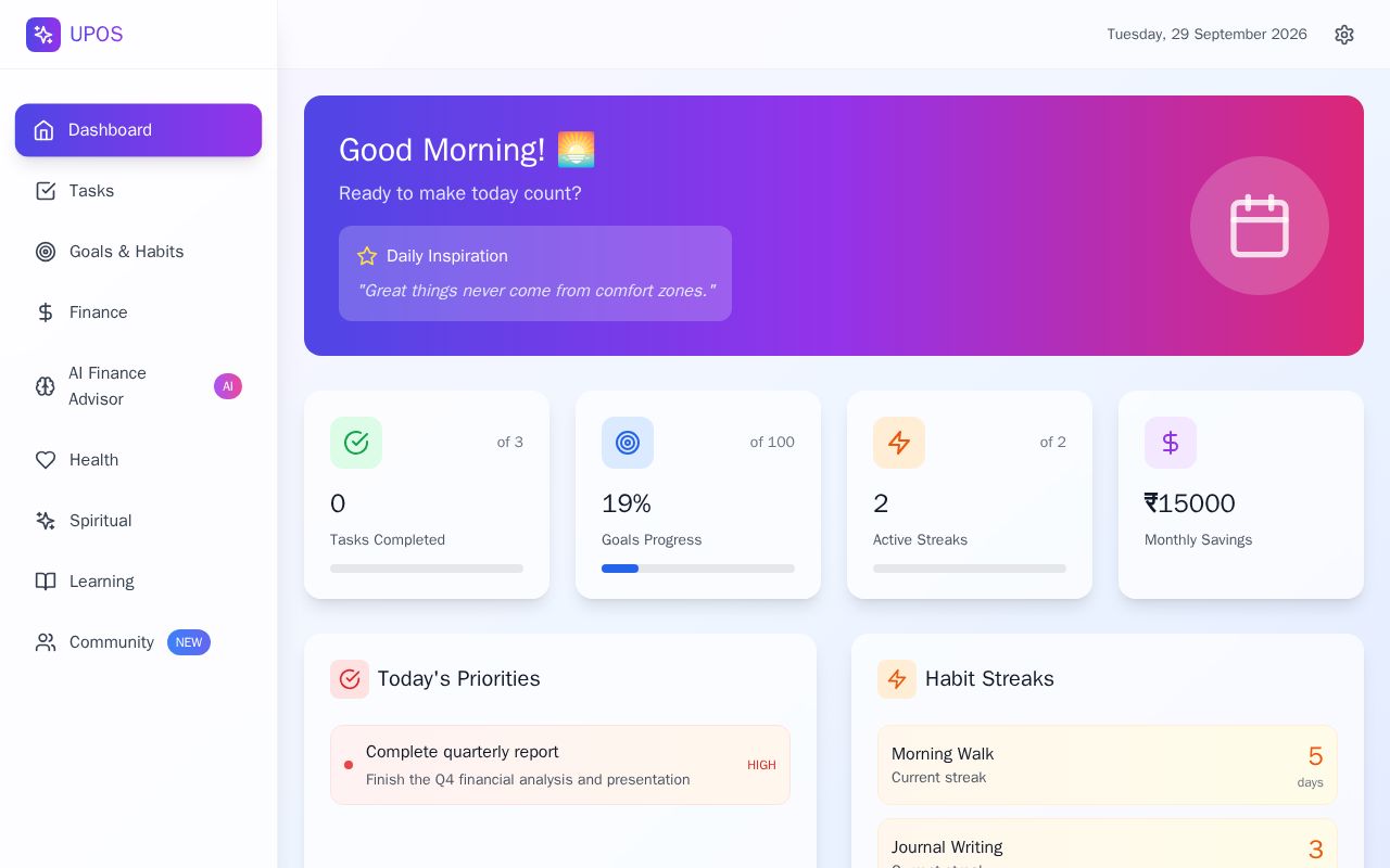 Preview of UPOS MVP – Personal Life & Finance Tracker