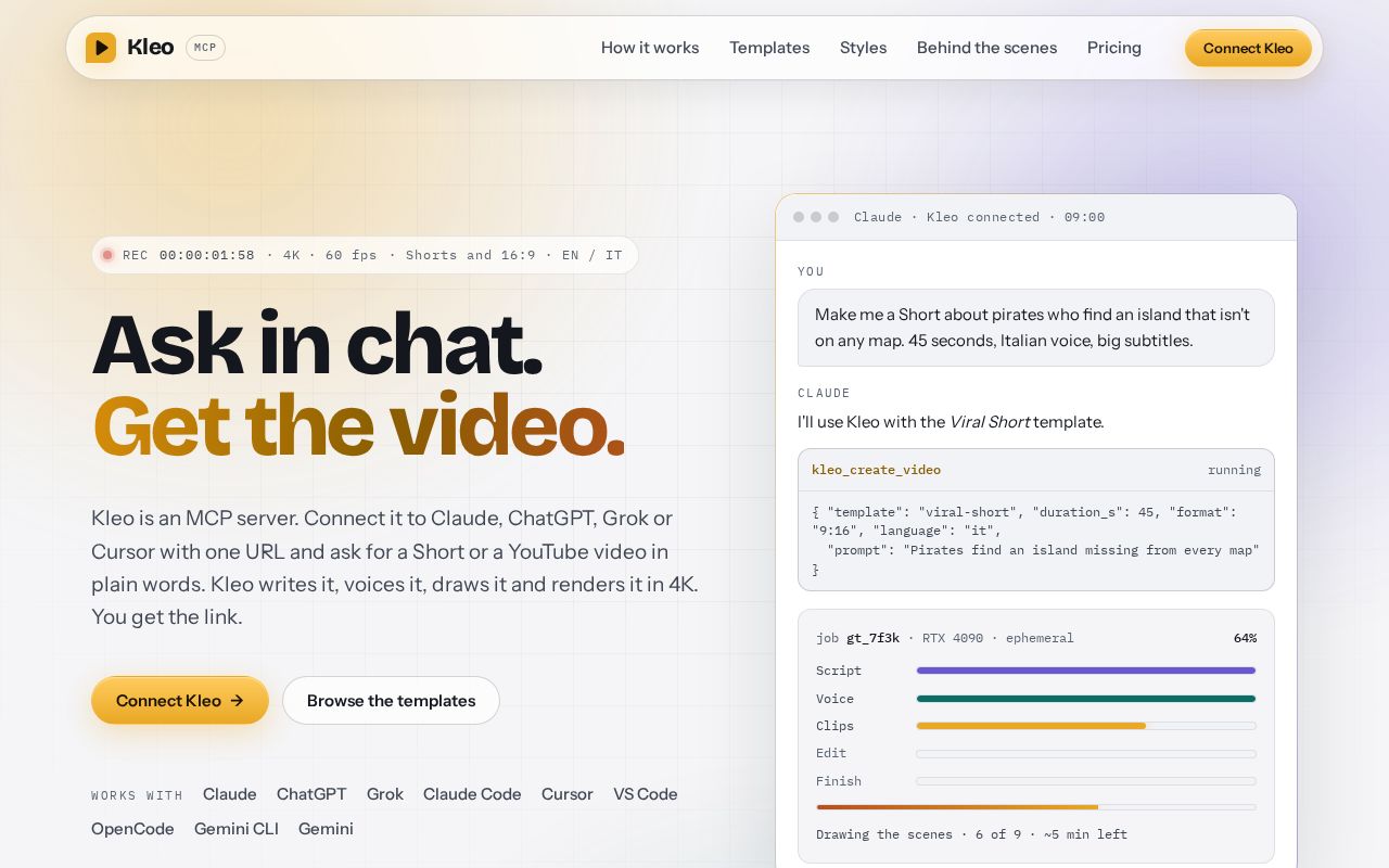 Preview of Gatto landing page: an MCP server that renders YouTube videos and Shorts