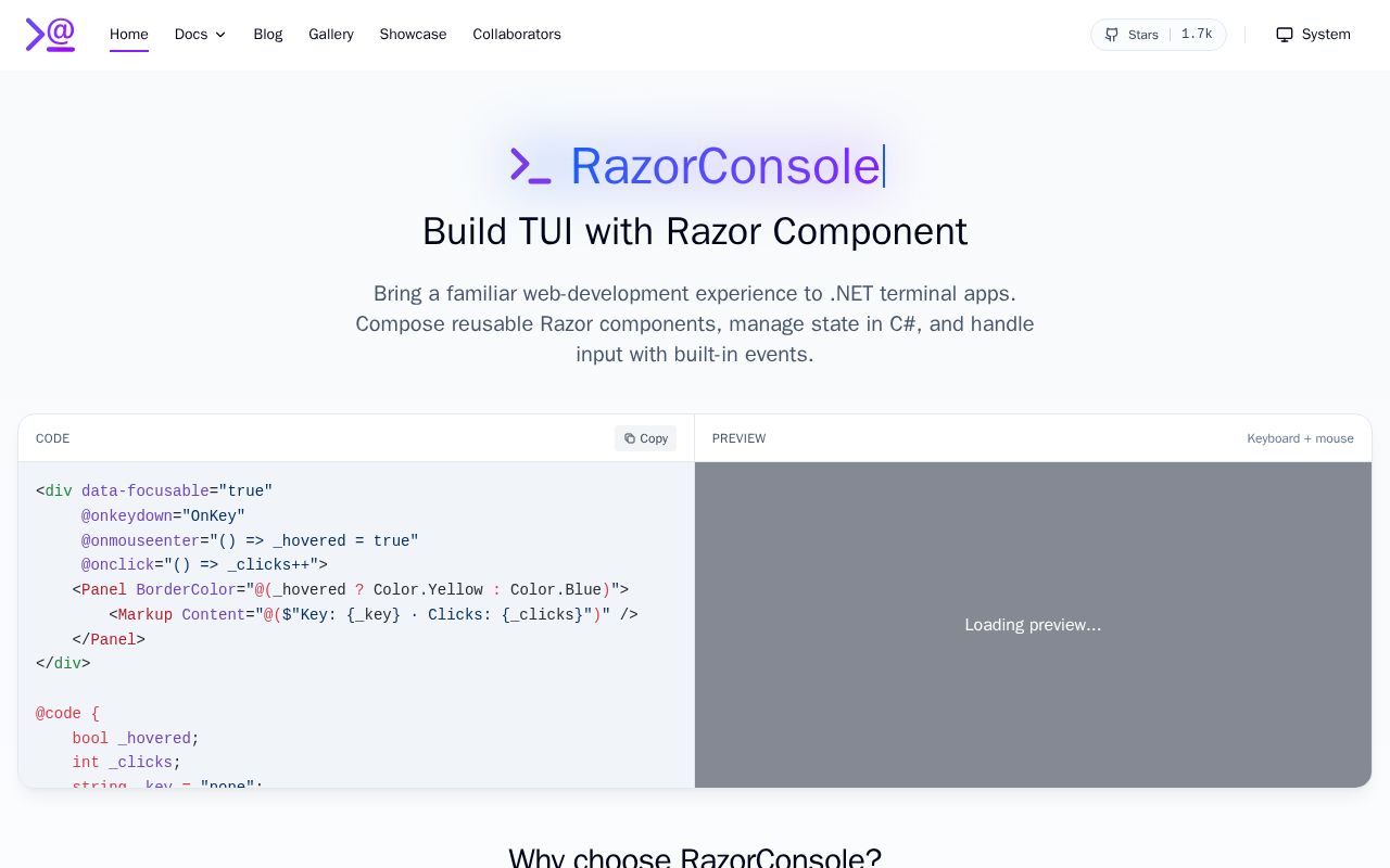 Preview of RazorConsole: C# Terminal UI Framework with Razor