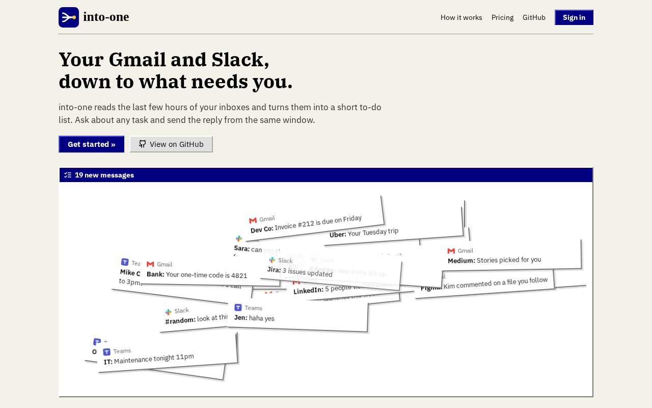 Preview of into-one: your Gmail and Slack, down to what needs you