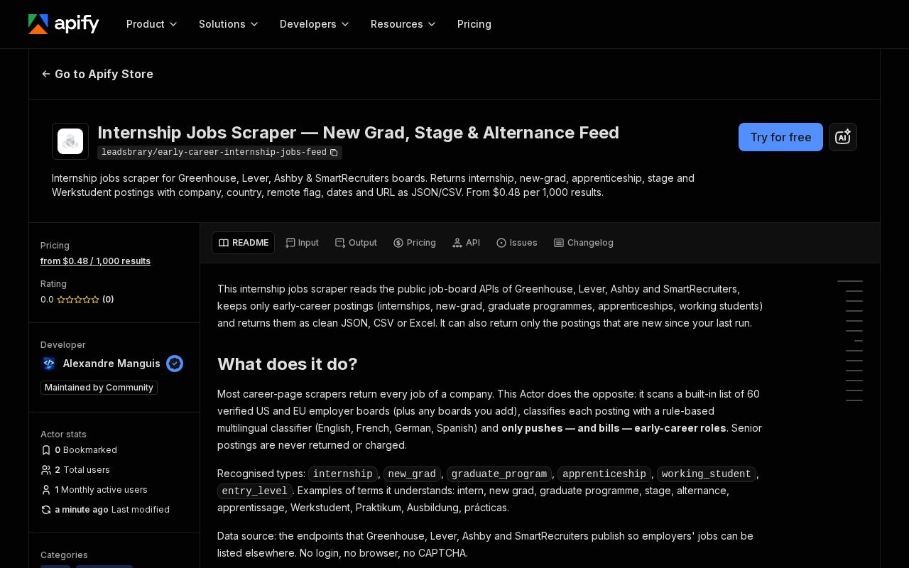 Preview of Early Career Internship Jobs Feed Apify Actor