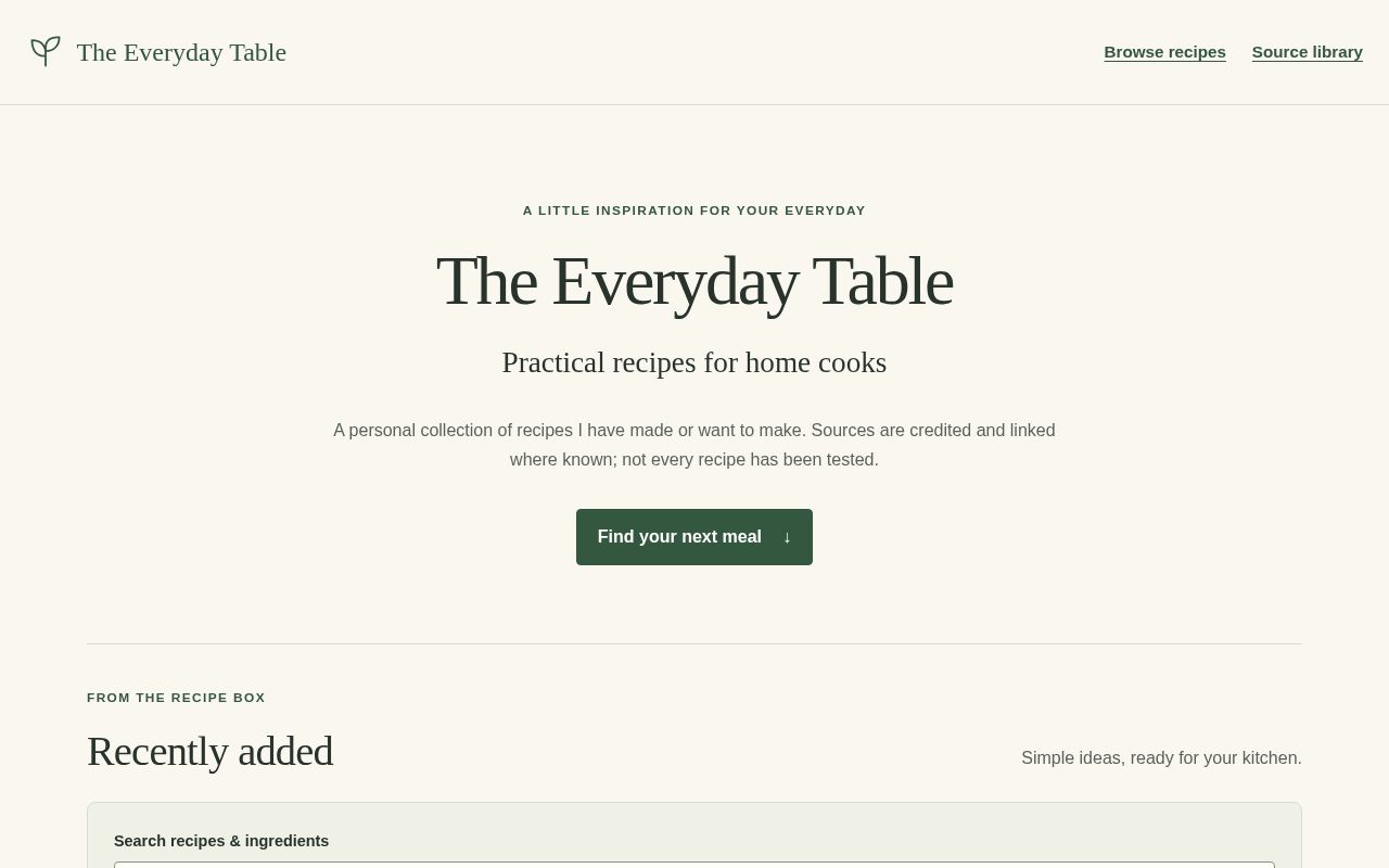 Preview of A searchable home cookbook, built from reviewed Markdown recipes.