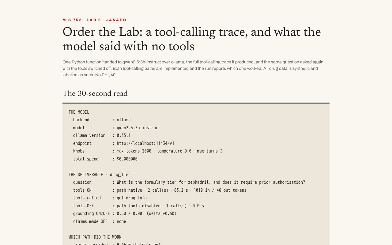 Preview of Order the Lab: a tool-calling trace, and what the model said with no tools