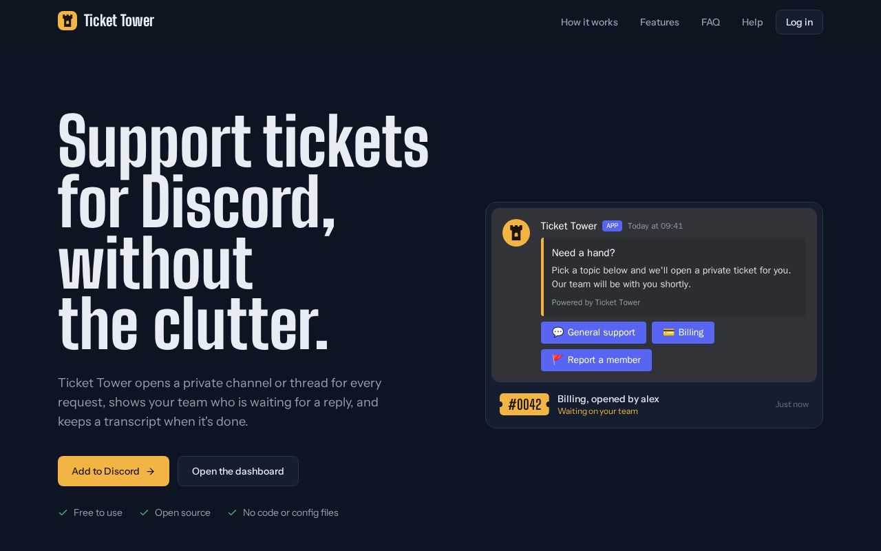 Preview of Open-source Discord ticket bot with a web dashboard.