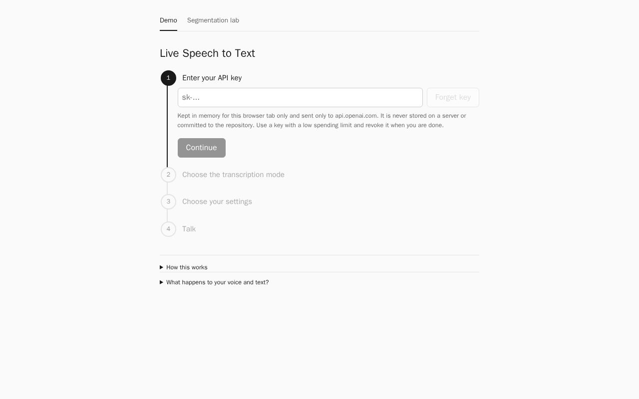 Preview of Live speech-to-text proof of concept: OpenAI Realtime API, browser-only, no backend