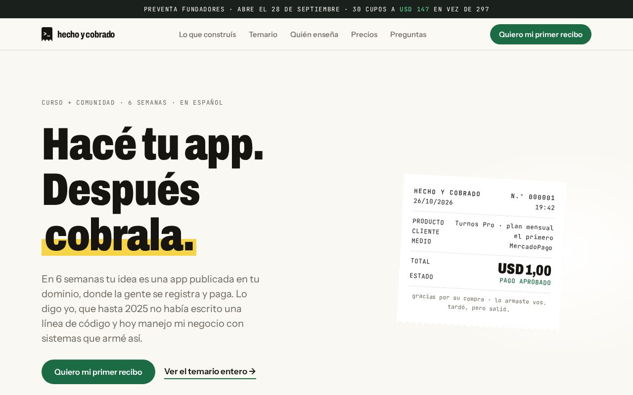 Preview of Landing del curso Hecho y Cobrado