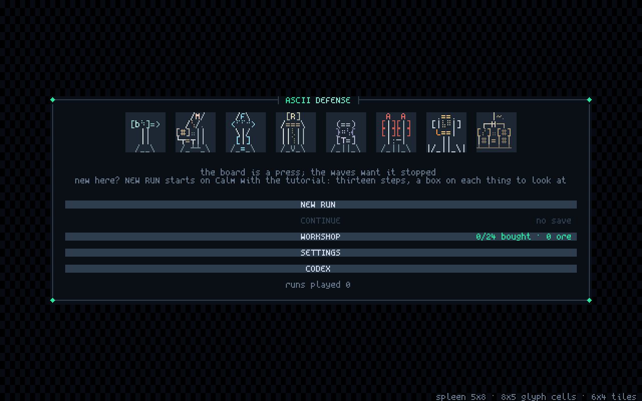 Preview of Roguelite tower defense rendered entirely in ASCII