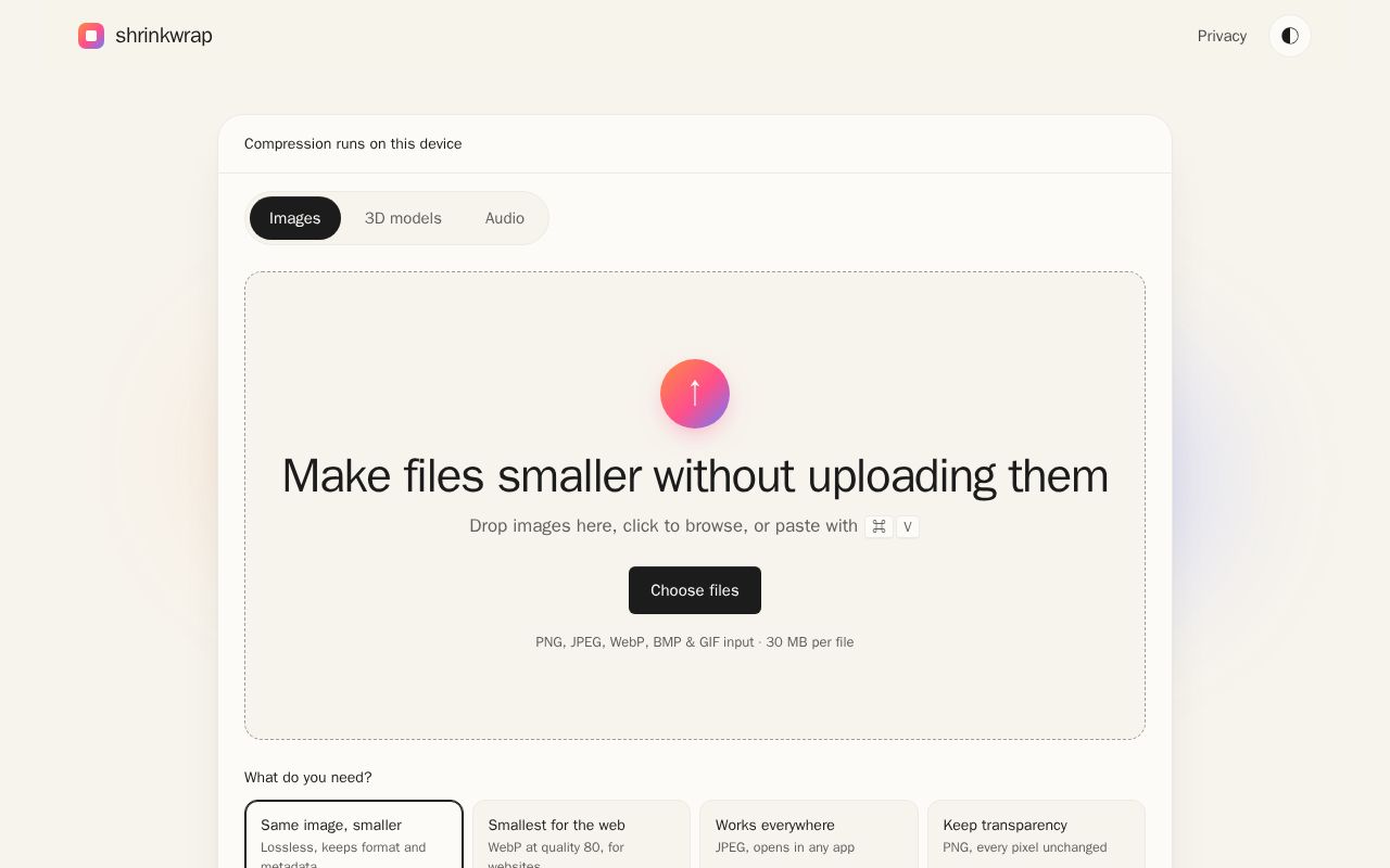 Preview of Shrinkwrap: compress images, 3D models and audio