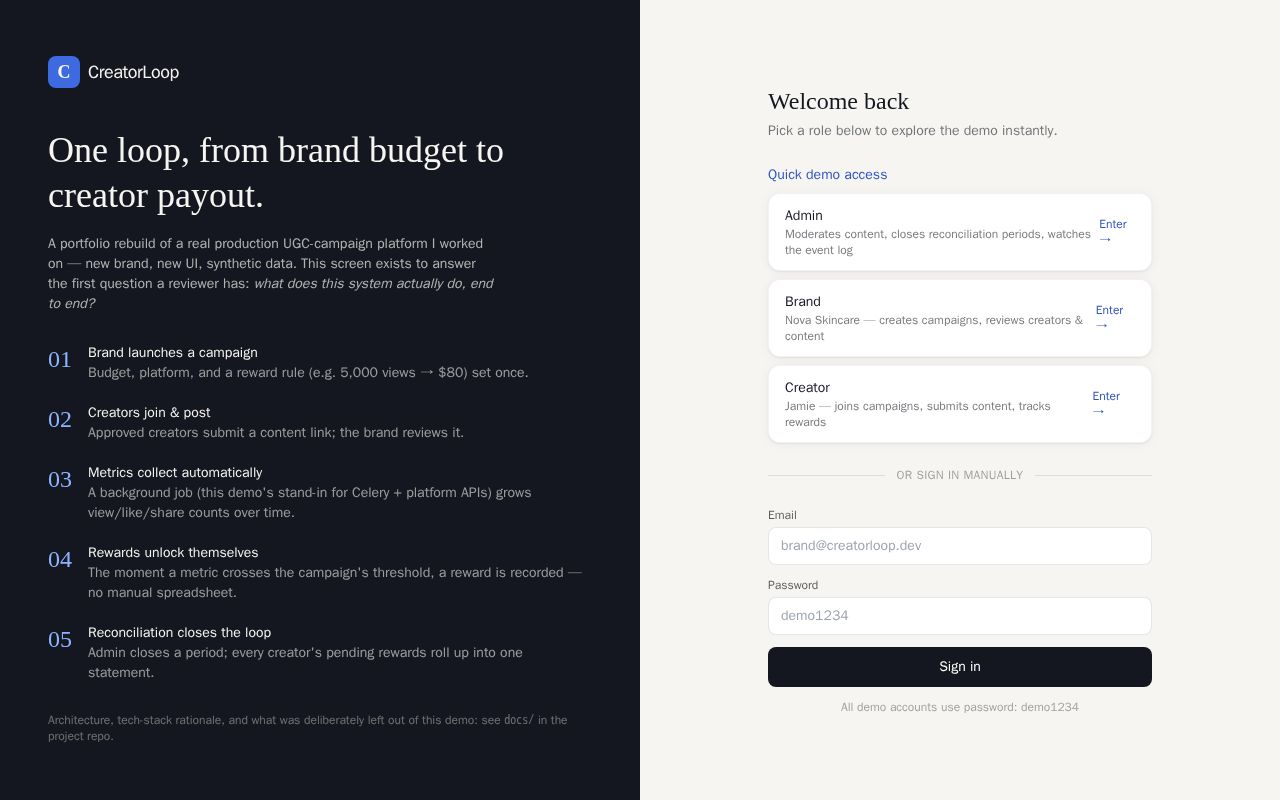 Preview of Portfolio demo: UGC campaign & creator reward platform (Next.js + Postgres)