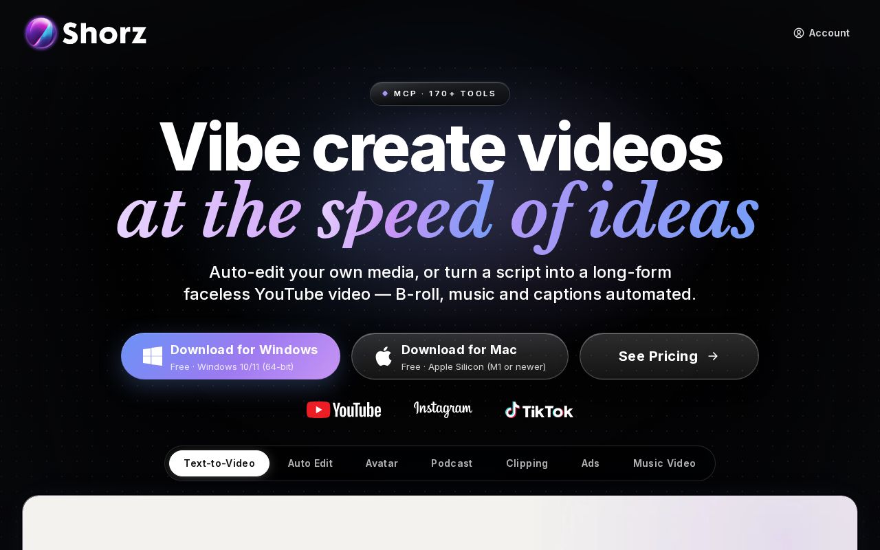 Preview of Shorz | AI Video Editor – Text-to-Video, Auto Edit, Avatar & Podcast