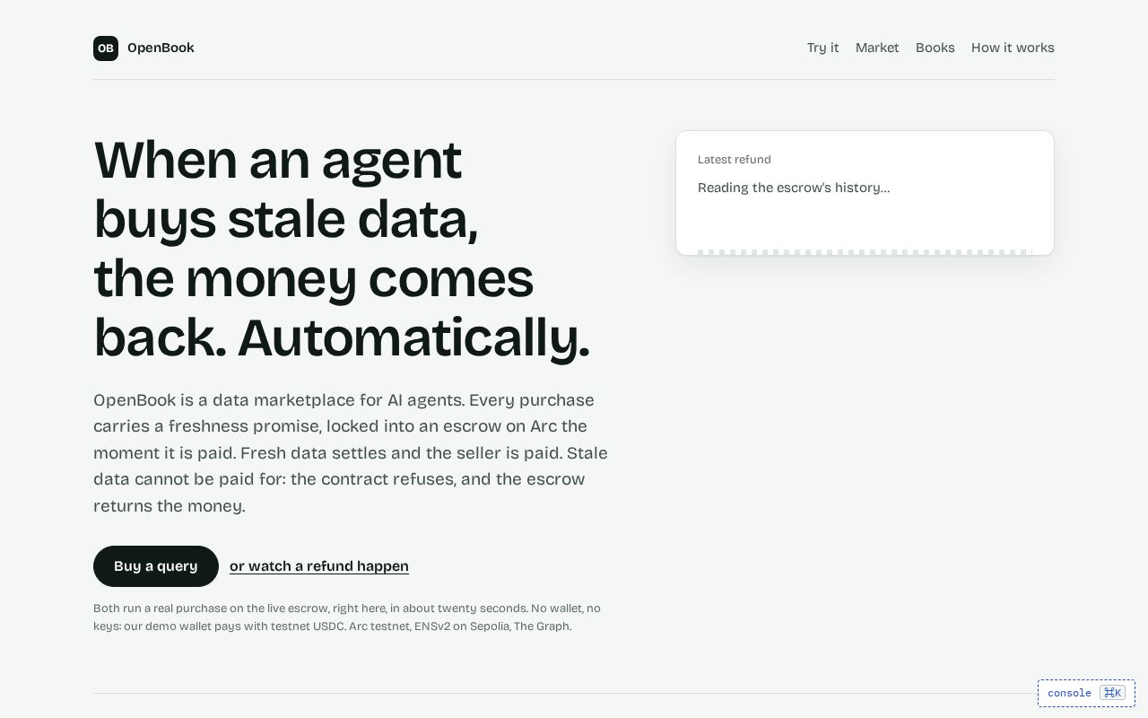 Preview of OpenBook — chargebacks for the machine economy. ETHOnline 2026: Arc + The Graph + ENS.