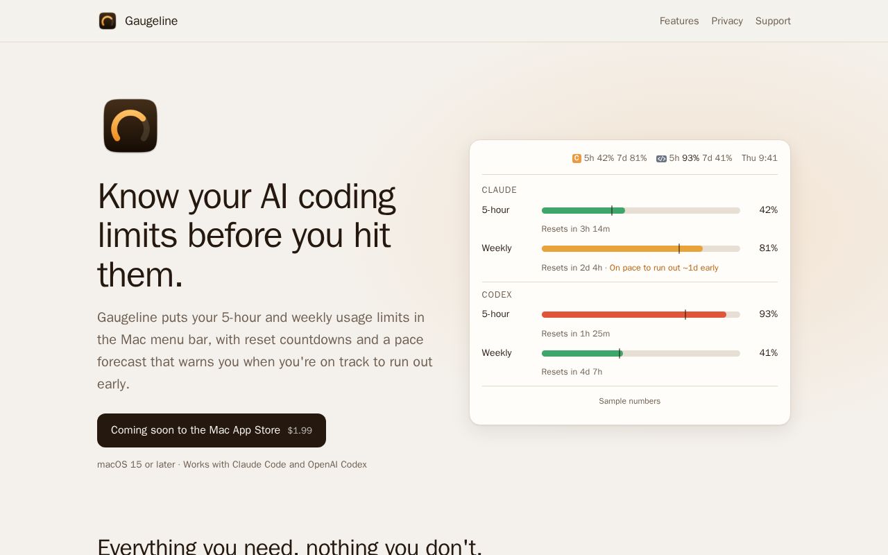 Preview of Gaugeline: AI usage limits in your Mac menu bar