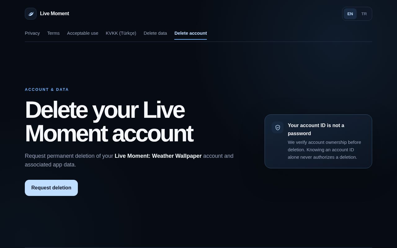 Preview of Live Moment Account Deletion