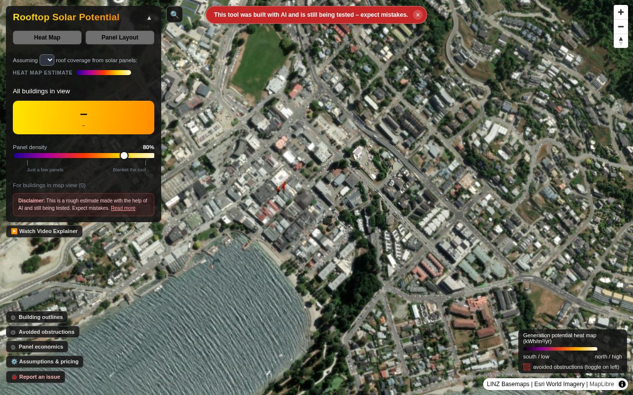 Preview of Rooftop solar generation-potential map (pilot: Queenstown) from LINZ LiDAR + imagery