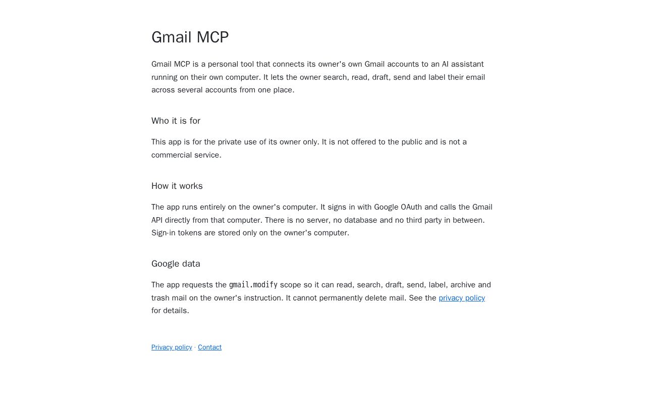 Preview of Home page and privacy policy for the personal Gmail MCP OAuth app