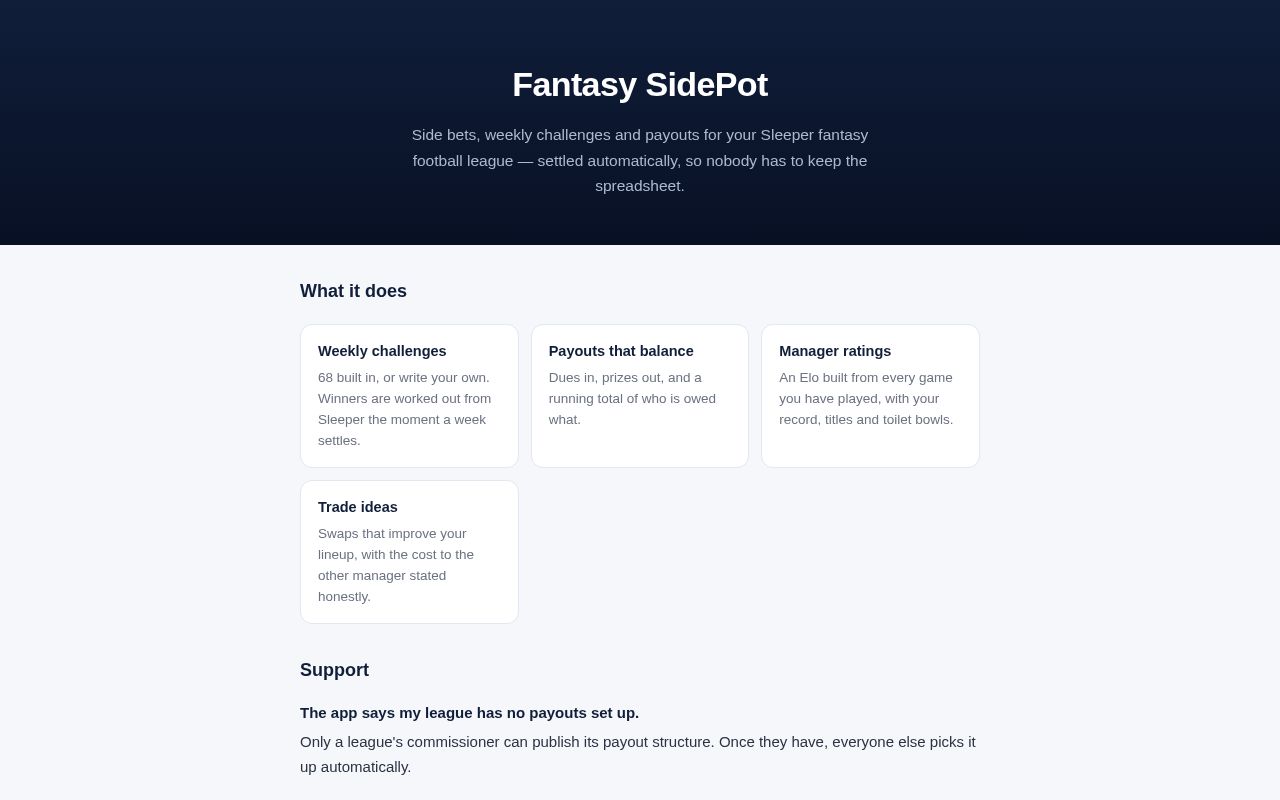 Preview of Support and privacy policy for the Fantasy SidePot iOS app