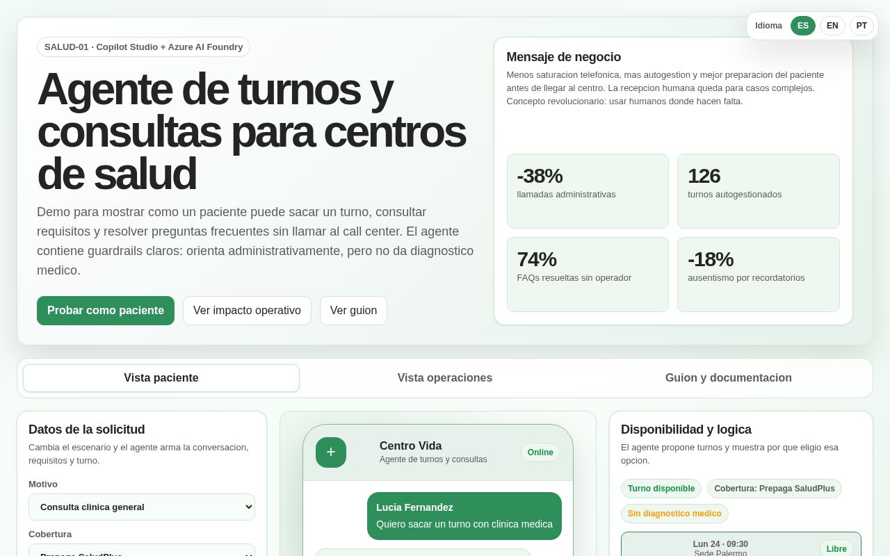 Preview of Demo Salud Agente Turnos Consultas