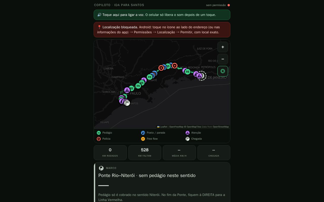Preview of Copiloto de viagem Sao Goncalo -> Santos (PWA, GPS, voz, offline)