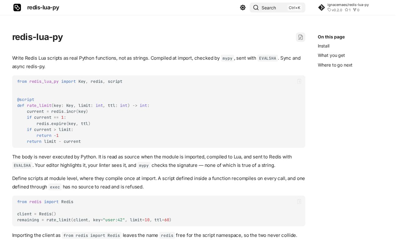 Preview of Write Redis Lua scripts as real Python functions, not strings.
