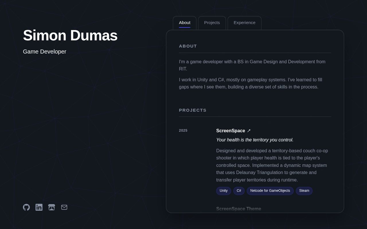 Preview of My portfolio site, live at simondumas.dev