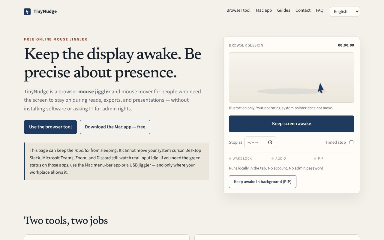 Preview of TinyNudge — online mouse jiggler website and Mac menu-bar app.