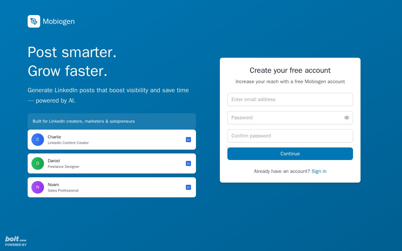 Preview of Mobiogen - LinkedIn Post Generator