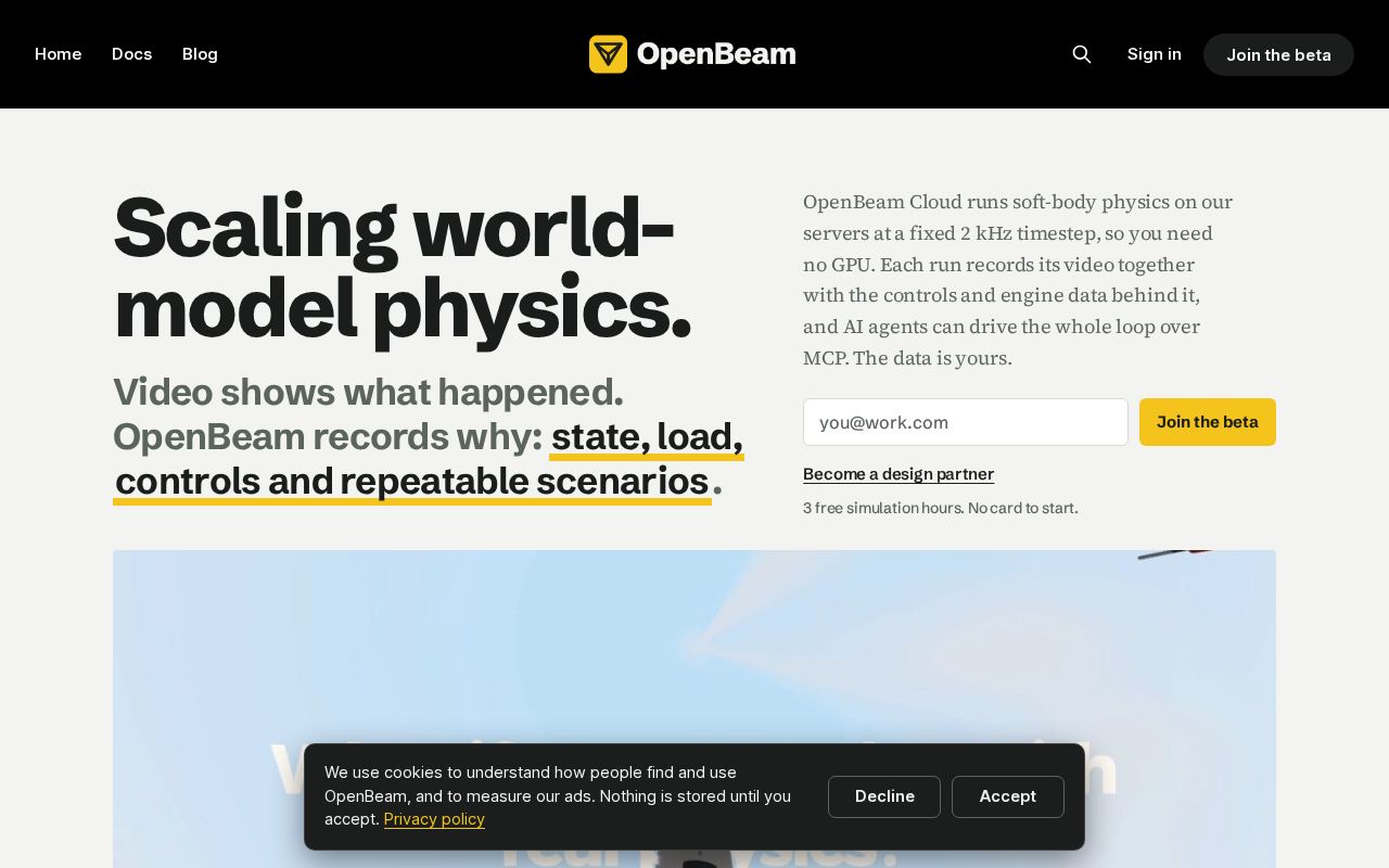 Preview of OpenBeam: world-model physics data