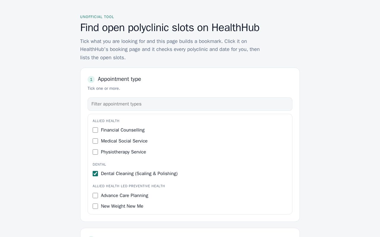 Preview of HealthHub slot finder