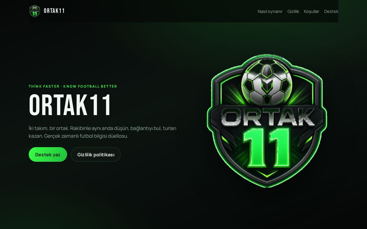 Preview of Ortak11 landing page with privacy and terms