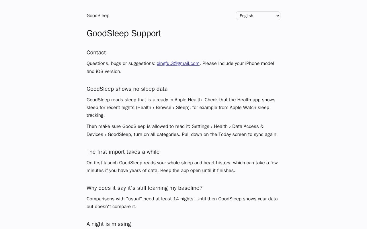 Preview of Privacy policy and support pages for GoodSleep