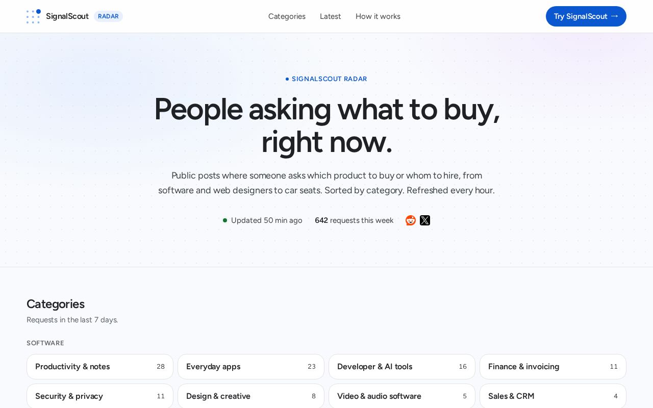 Preview of SignalScout Radar: people asking what to buy, right now