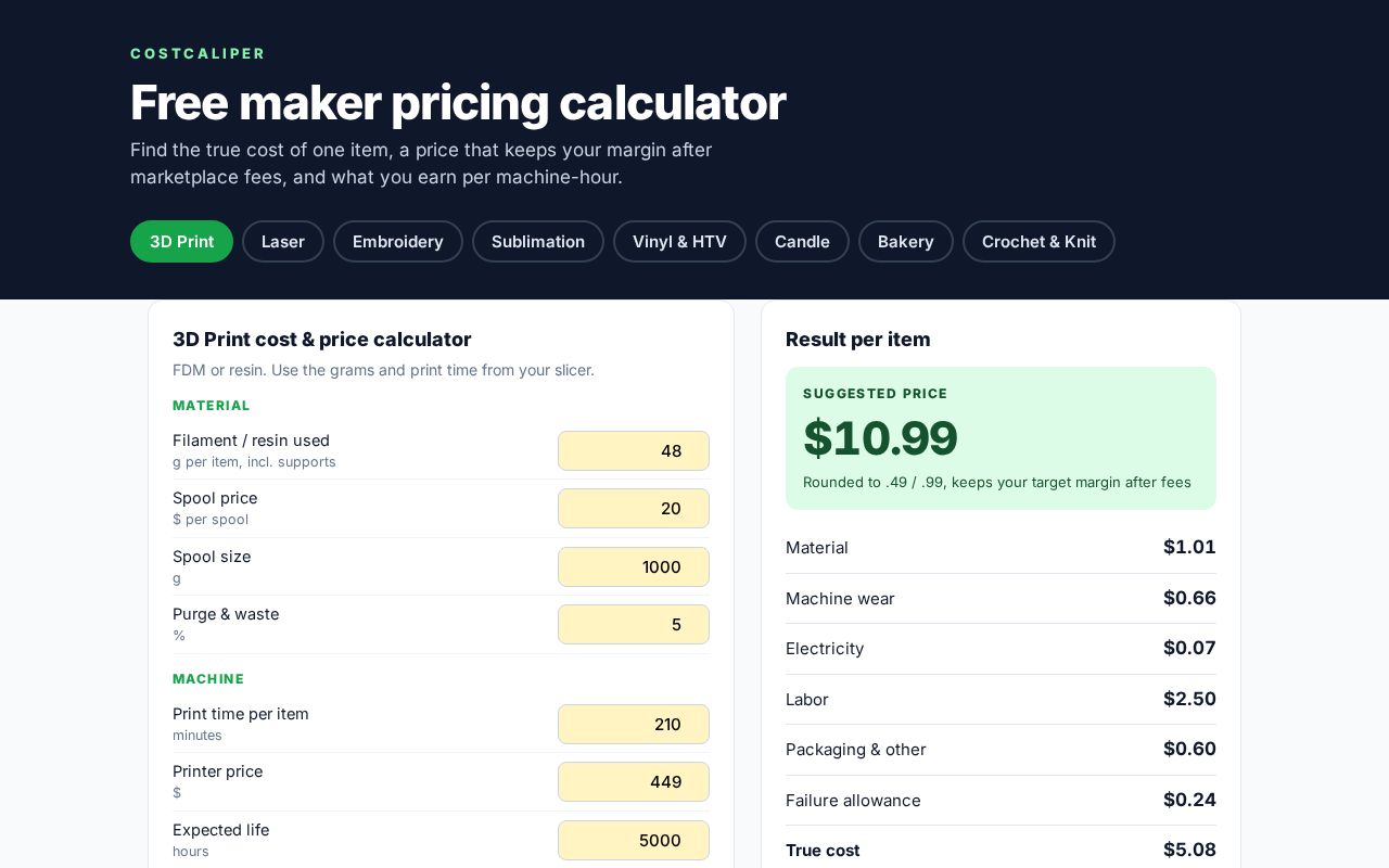 Preview of Free Maker Pricing Calculator: 3D Print, Laser, Candle, Bakery