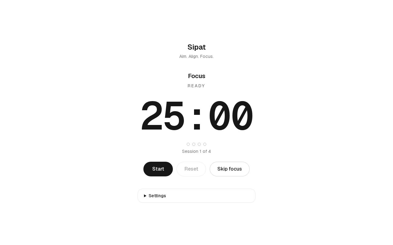 Preview of Aim. Align. Focus. A focus timer with a session log.