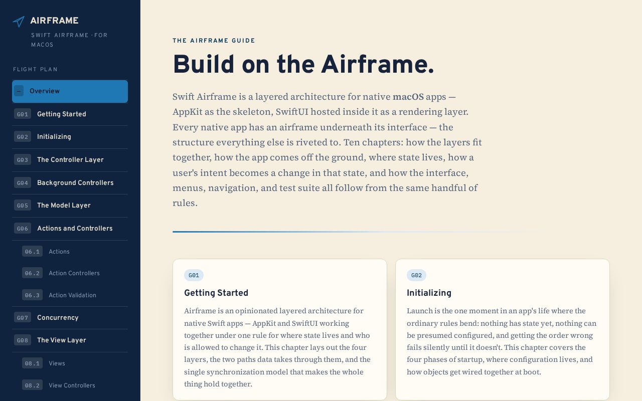 Preview of Swift Airframe: a layered architecture guide for native macOS apps