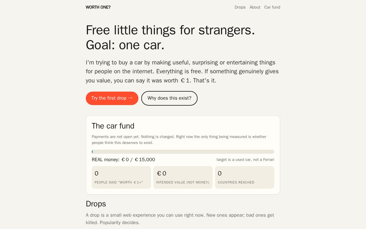 Preview of Free little things for strangers. Goal: one car. Transparent internet experiment.