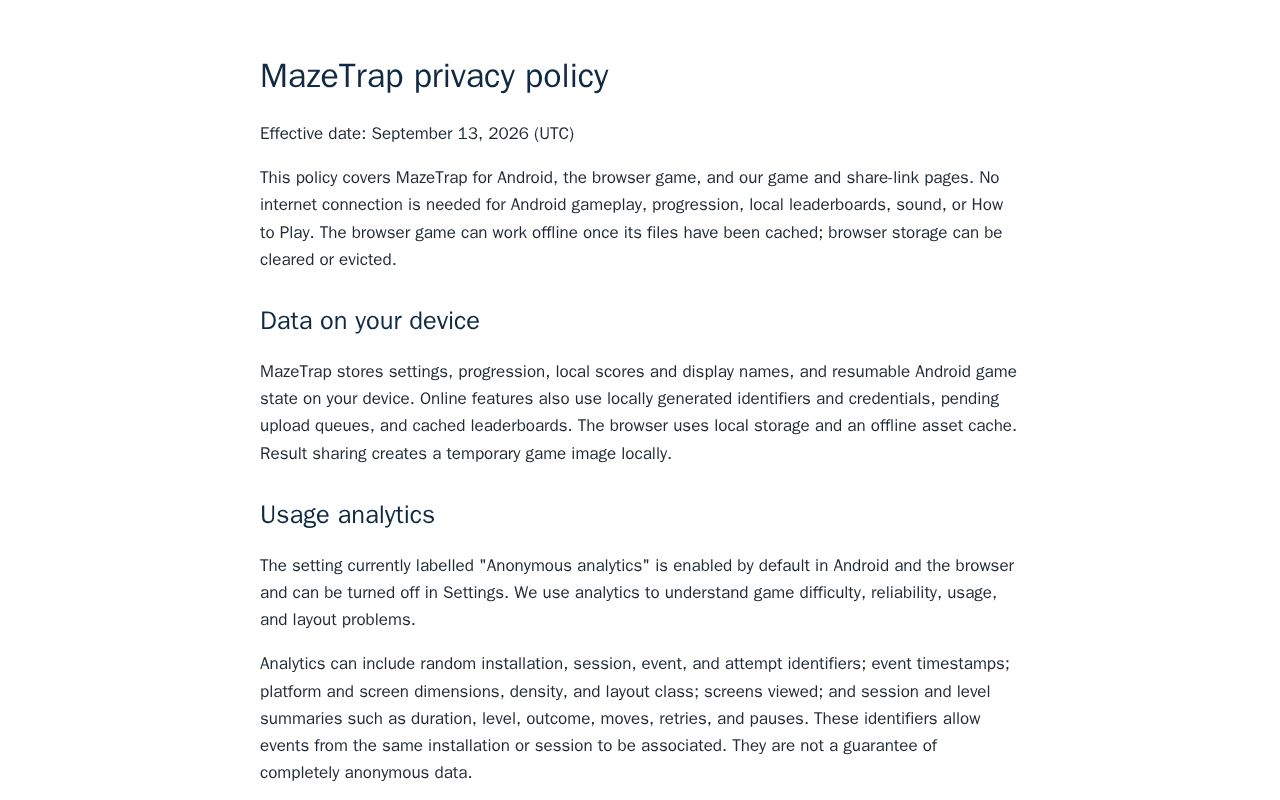 Preview of Public website and privacy information for MazeTrap