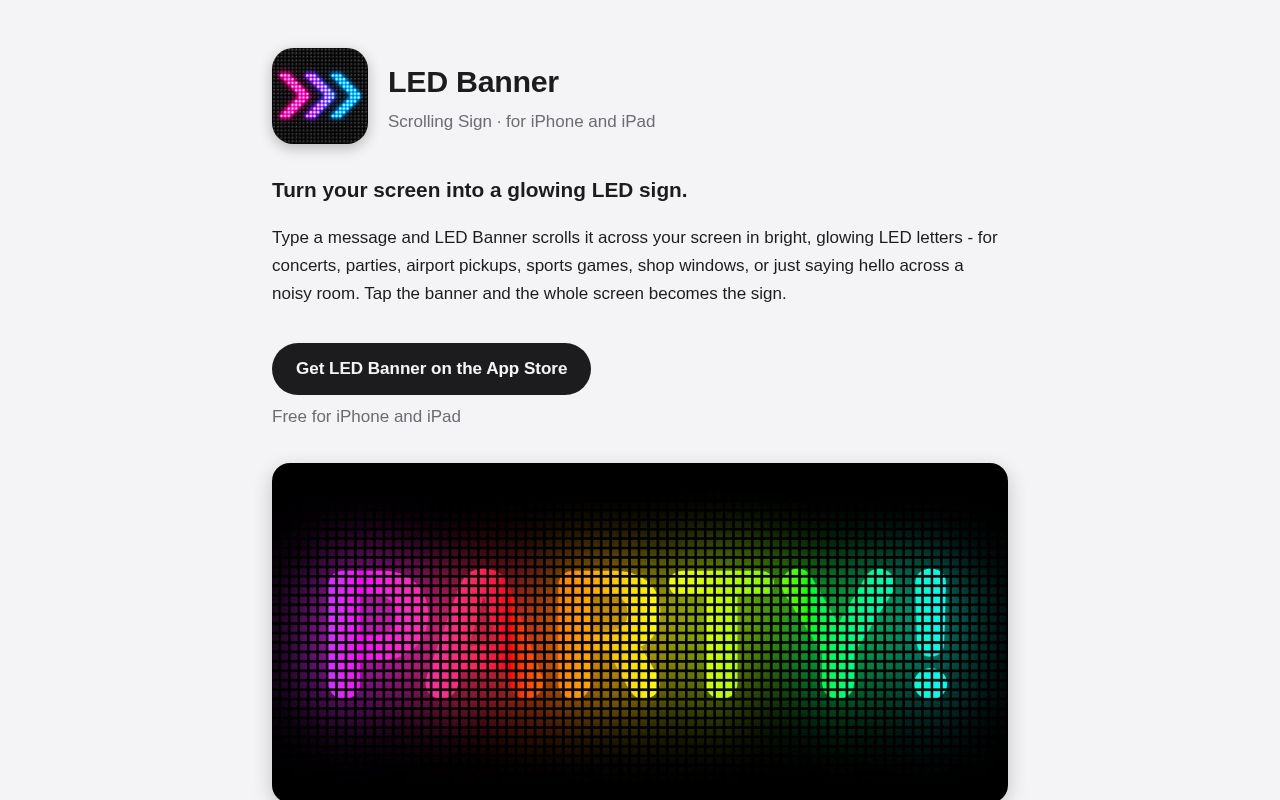 Preview of LED Banner - support, privacy policy and terms pages