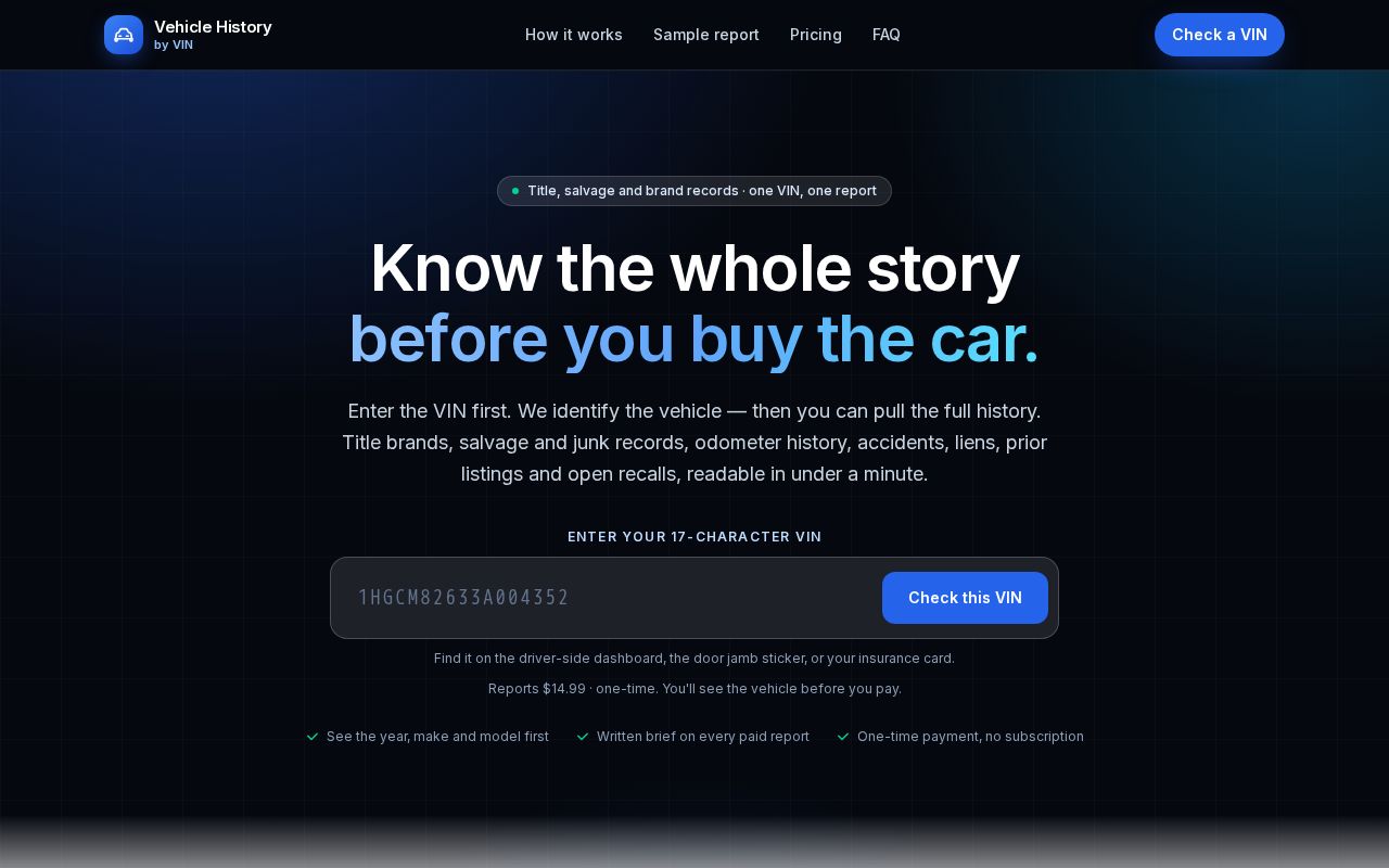 Preview of VIN history reports for pullvinreport.com (VinAudit)