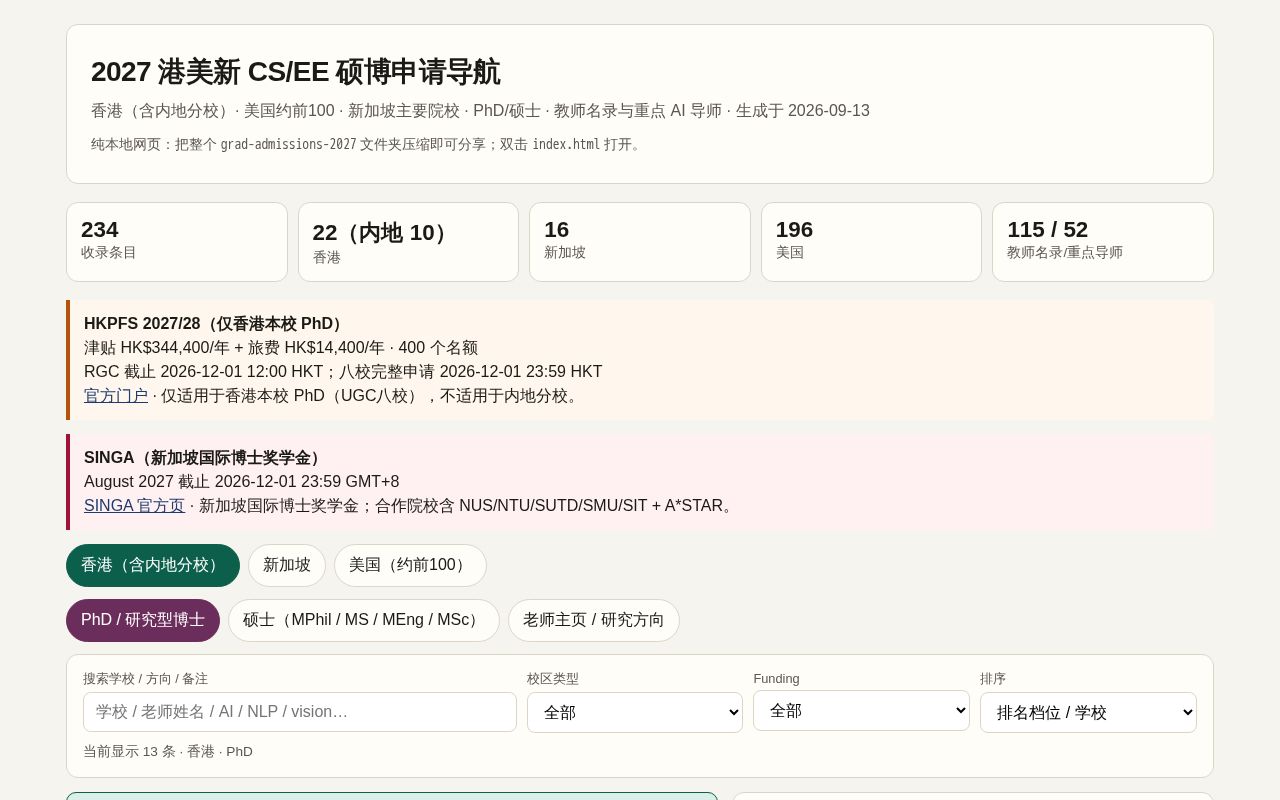 Preview of Offline HK/US/SG CS/EE graduate admissions portal (2027 intake)