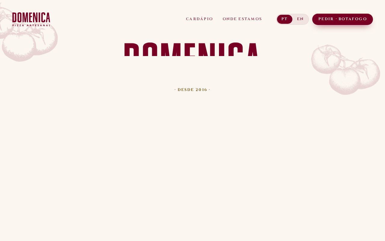 Preview of Site da Pizzaria Domenica: cardapio com pizza 3D montada pelos ingredientes