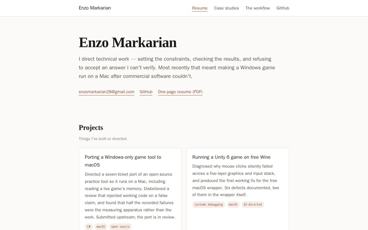 Preview of Enzo Markarian — resume and project portfolio