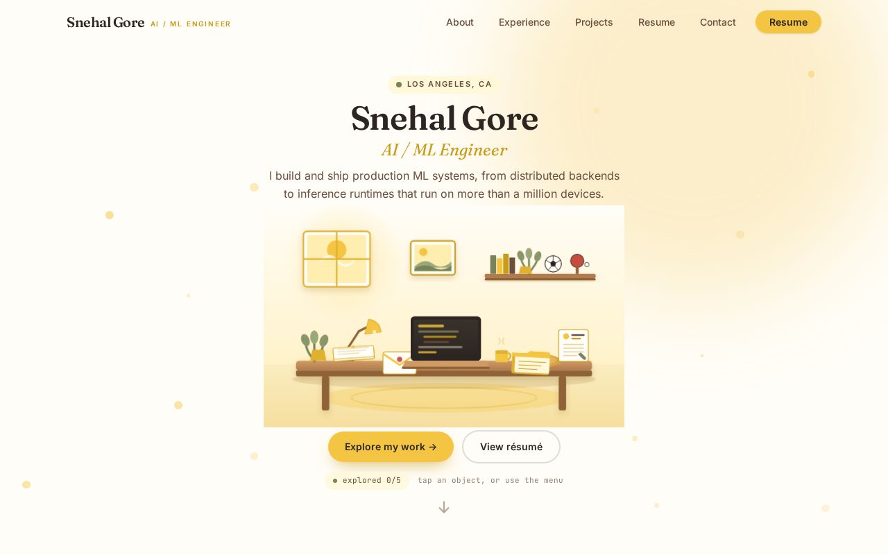 Preview of Snehal Gore — AI/ML Engineer. An interactive 'Little Yellow Studio' portfolio.