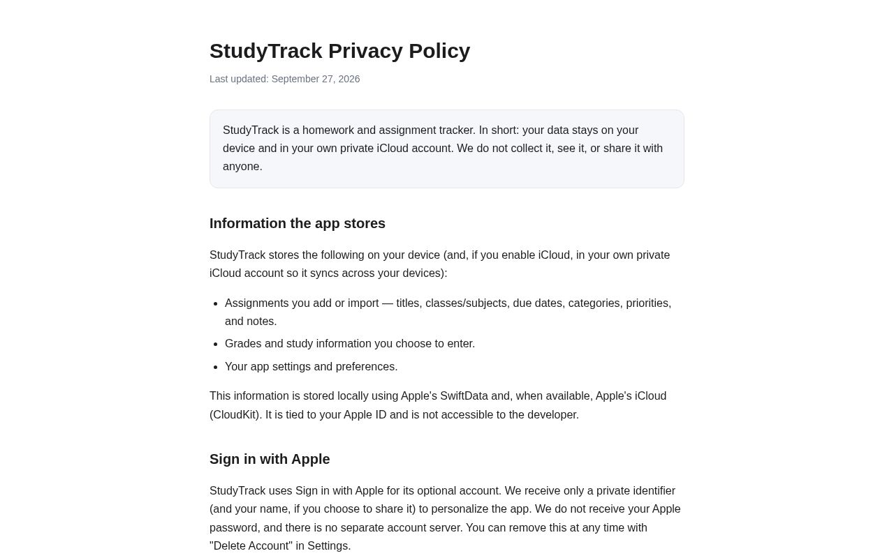 Preview of Studytrack Privacy