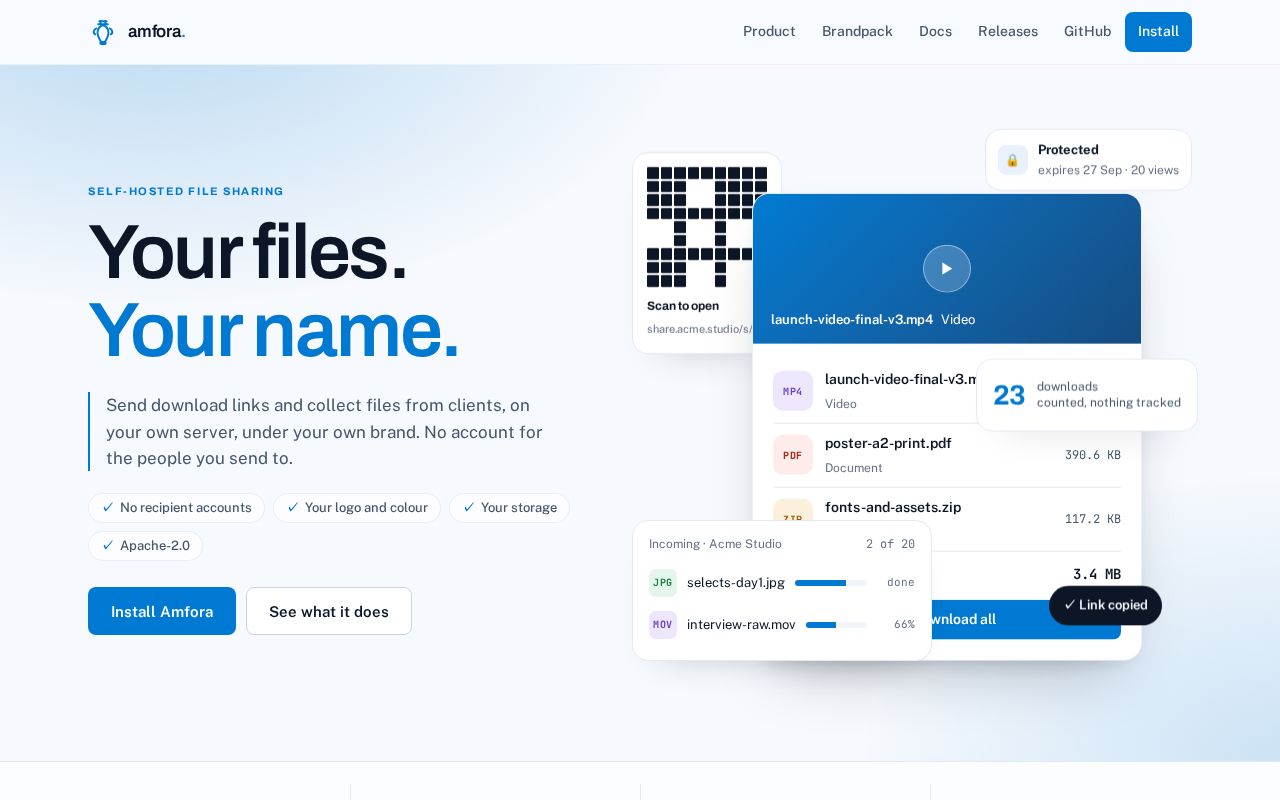 Preview of Amfora: self-hosted file sharing under your own name