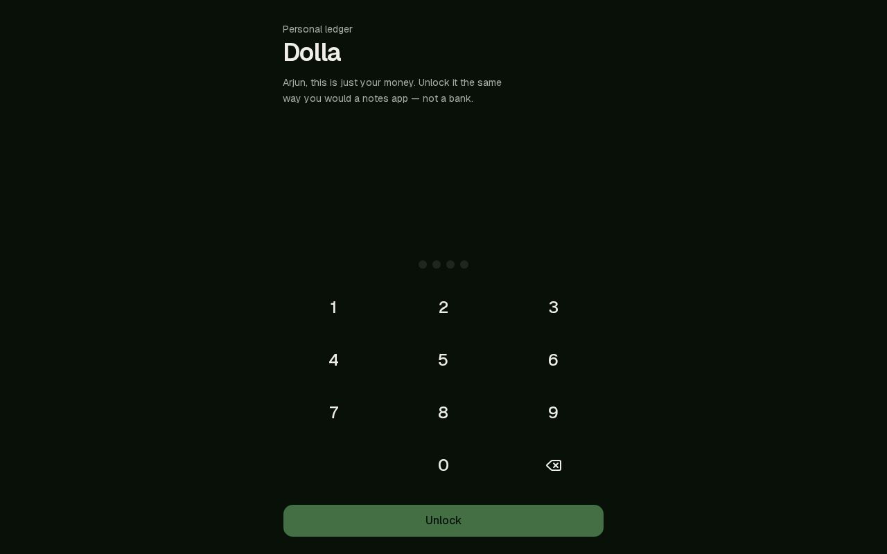 Preview of Dolla — Arjun's personal iPhone budget PWA (Vercel: dolla-now.vercel.app)
